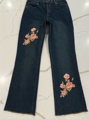 Vintage Y2K Jane Seymour Signature Rose Floral Embroidered Wide Leg Jeans 10M